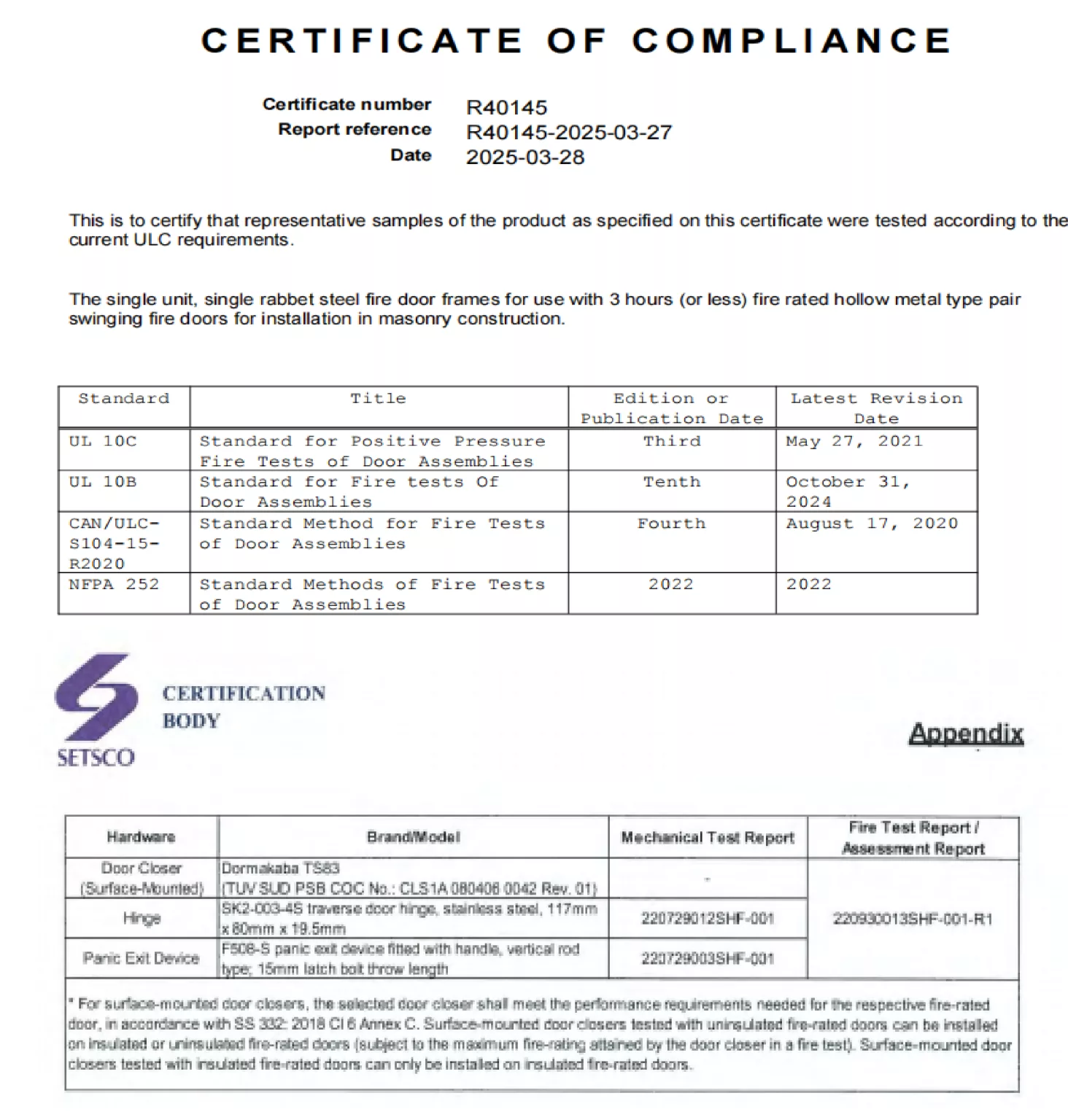 certification for steel fireproof doors